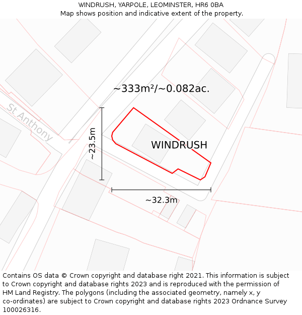 WINDRUSH, YARPOLE, LEOMINSTER, HR6 0BA: Plot and title map