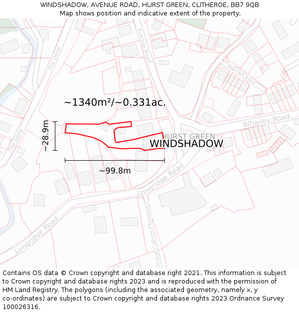 WINDSHADOW, AVENUE ROAD, HURST GREEN, CLITHEROE, BB7 9QB: Plot and title map