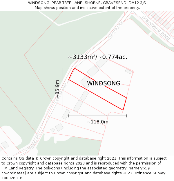WINDSONG, PEAR TREE LANE, SHORNE, GRAVESEND, DA12 3JS: Plot and title map