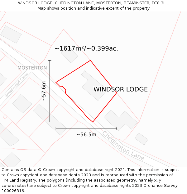 WINDSOR LODGE, CHEDINGTON LANE, MOSTERTON, BEAMINSTER, DT8 3HL: Plot and title map