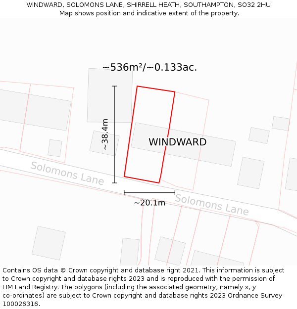 WINDWARD, SOLOMONS LANE, SHIRRELL HEATH, SOUTHAMPTON, SO32 2HU: Plot and title map
