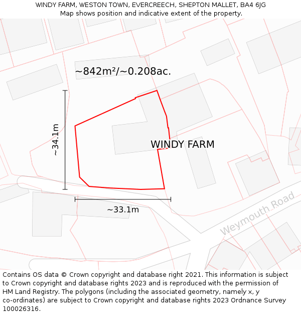 WINDY FARM, WESTON TOWN, EVERCREECH, SHEPTON MALLET, BA4 6JG: Plot and title map