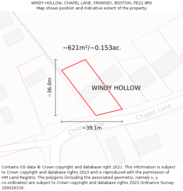 WINDY HOLLOW, CHAPEL LANE, FRISKNEY, BOSTON, PE22 8RX: Plot and title map