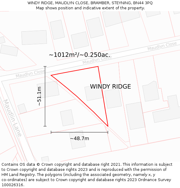 WINDY RIDGE, MAUDLYN CLOSE, BRAMBER, STEYNING, BN44 3PQ: Plot and title map
