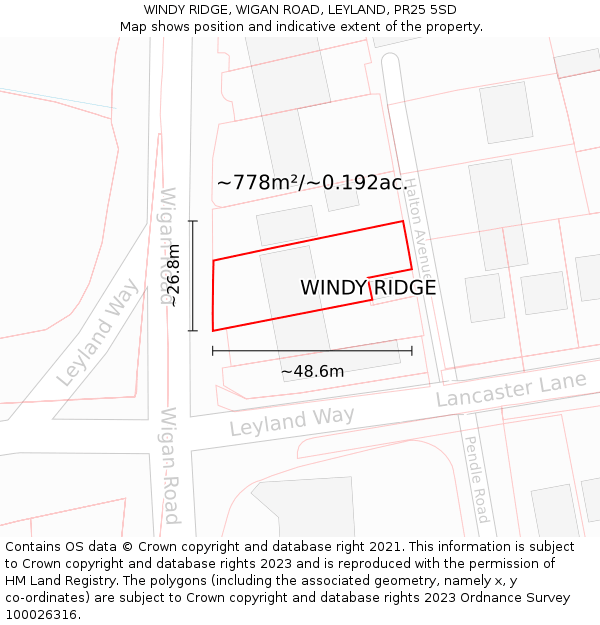 WINDY RIDGE, WIGAN ROAD, LEYLAND, PR25 5SD: Plot and title map
