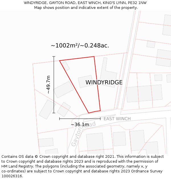 WINDYRIDGE, GAYTON ROAD, EAST WINCH, KING'S LYNN, PE32 1NW: Plot and title map
