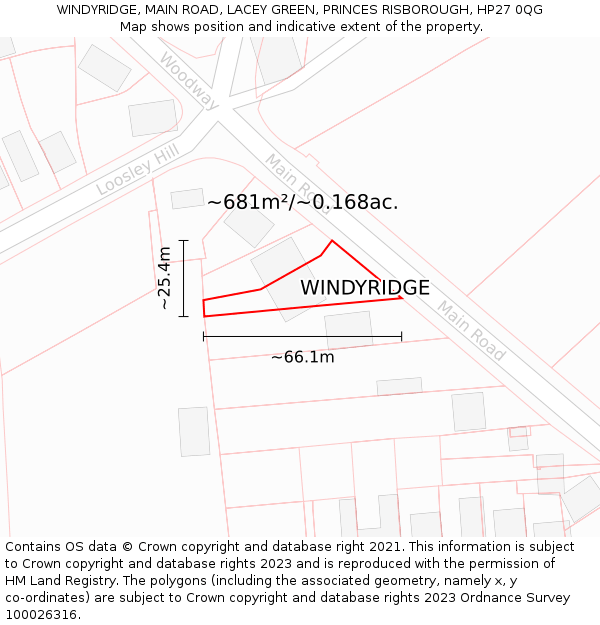 WINDYRIDGE, MAIN ROAD, LACEY GREEN, PRINCES RISBOROUGH, HP27 0QG: Plot and title map