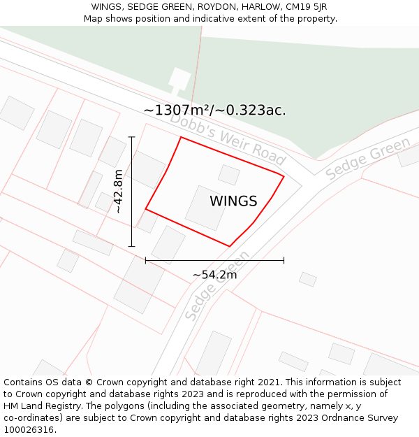 WINGS, SEDGE GREEN, ROYDON, HARLOW, CM19 5JR: Plot and title map