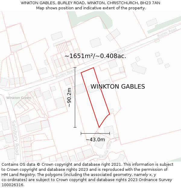 WINKTON GABLES, BURLEY ROAD, WINKTON, CHRISTCHURCH, BH23 7AN: Plot and title map