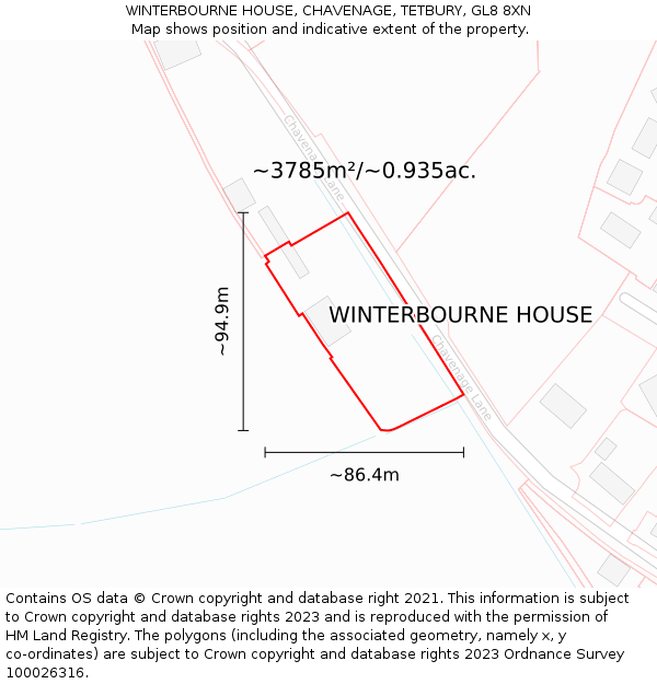 WINTERBOURNE HOUSE, CHAVENAGE, TETBURY, GL8 8XN: Plot and title map