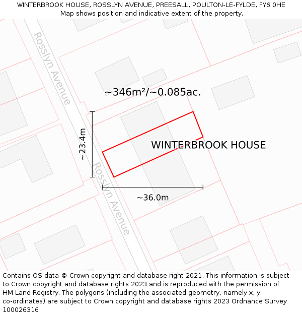 WINTERBROOK HOUSE, ROSSLYN AVENUE, PREESALL, POULTON-LE-FYLDE, FY6 0HE: Plot and title map