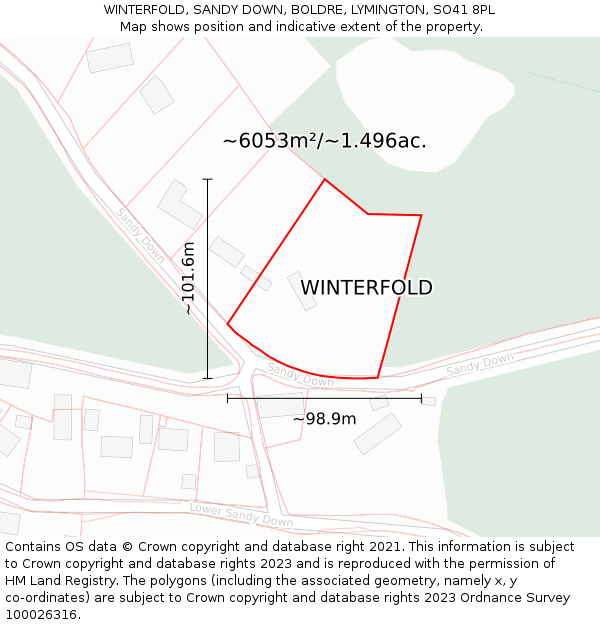 WINTERFOLD, SANDY DOWN, BOLDRE, LYMINGTON, SO41 8PL: Plot and title map