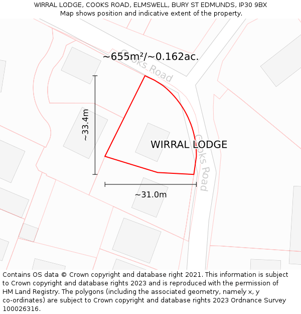 WIRRAL LODGE, COOKS ROAD, ELMSWELL, BURY ST EDMUNDS, IP30 9BX: Plot and title map
