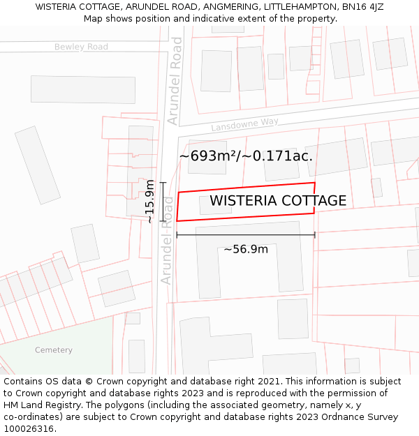 WISTERIA COTTAGE, ARUNDEL ROAD, ANGMERING, LITTLEHAMPTON, BN16 4JZ: Plot and title map