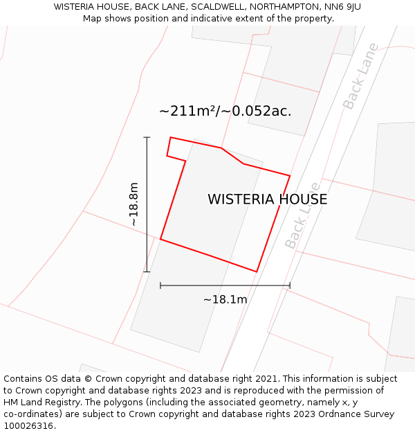 WISTERIA HOUSE, BACK LANE, SCALDWELL, NORTHAMPTON, NN6 9JU: Plot and title map