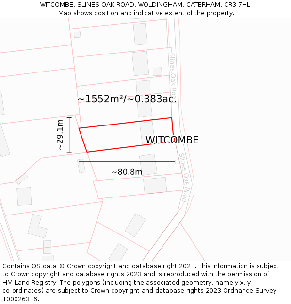 WITCOMBE, SLINES OAK ROAD, WOLDINGHAM, CATERHAM, CR3 7HL: Plot and title map