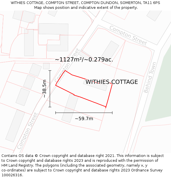 WITHIES COTTAGE, COMPTON STREET, COMPTON DUNDON, SOMERTON, TA11 6PS: Plot and title map