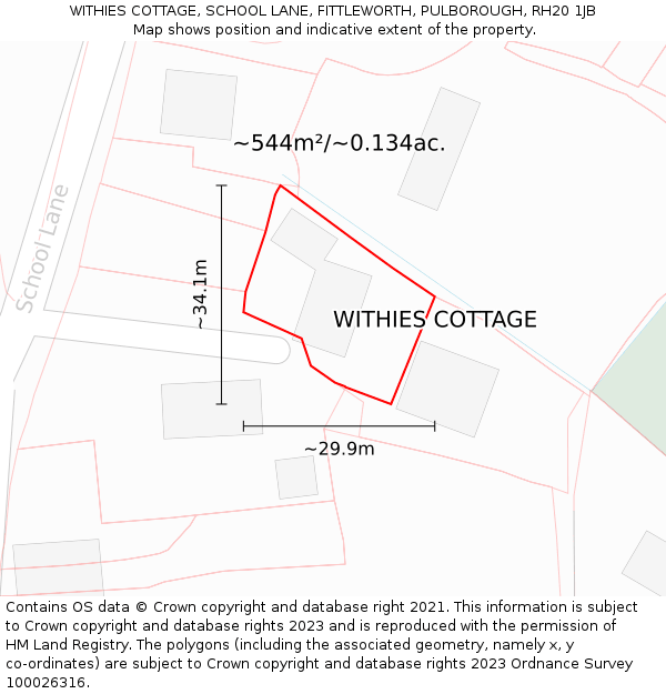 WITHIES COTTAGE, SCHOOL LANE, FITTLEWORTH, PULBOROUGH, RH20 1JB: Plot and title map