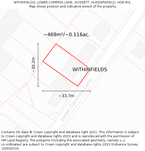 WITHINFIELDS, LOWER COMMON LANE, SCISSETT, HUDDERSFIELD, HD8 9HL: Plot and title map