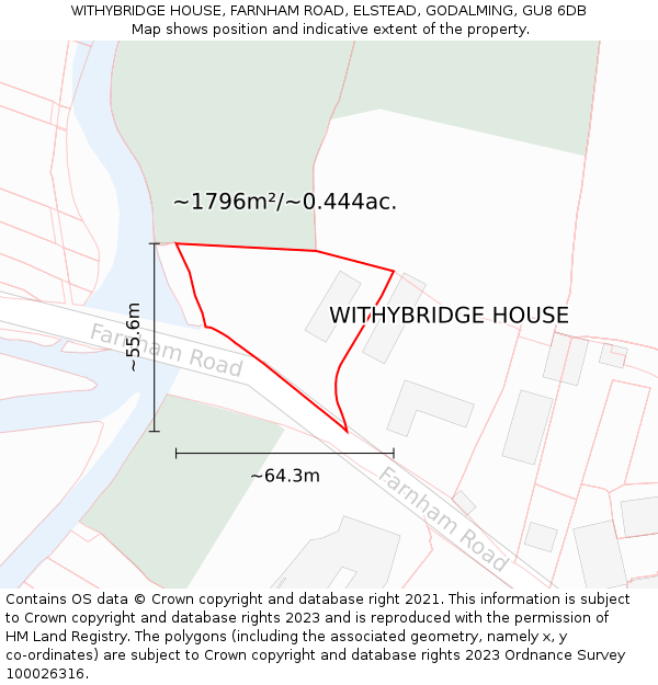 WITHYBRIDGE HOUSE, FARNHAM ROAD, ELSTEAD, GODALMING, GU8 6DB: Plot and title map