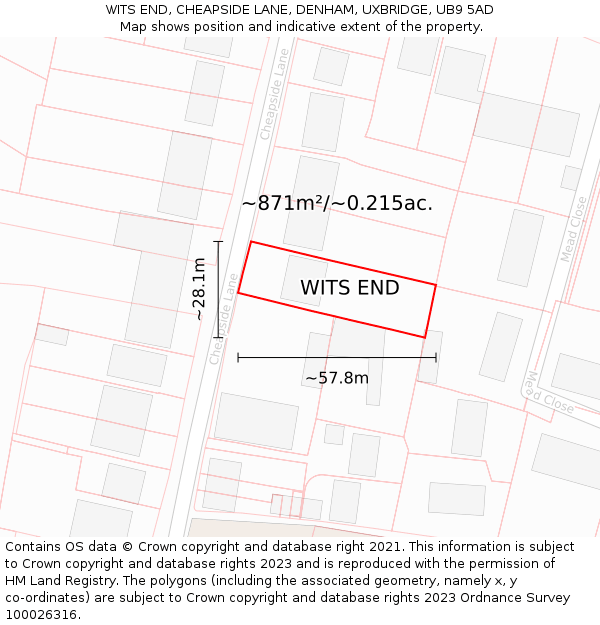 WITS END, CHEAPSIDE LANE, DENHAM, UXBRIDGE, UB9 5AD: Plot and title map