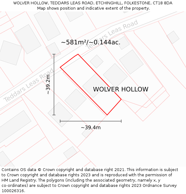 WOLVER HOLLOW, TEDDARS LEAS ROAD, ETCHINGHILL, FOLKESTONE, CT18 8DA: Plot and title map