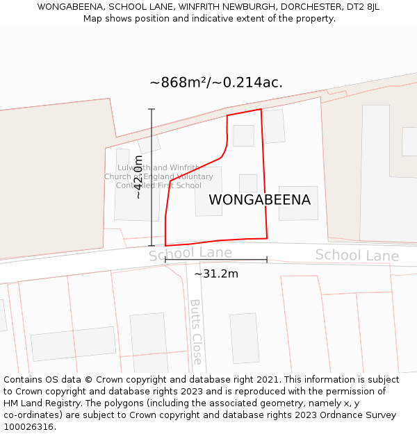 WONGABEENA, SCHOOL LANE, WINFRITH NEWBURGH, DORCHESTER, DT2 8JL: Plot and title map
