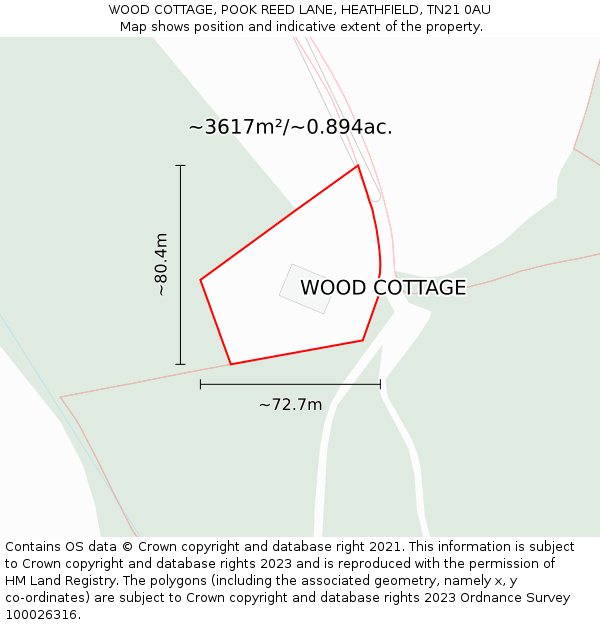 WOOD COTTAGE, POOK REED LANE, HEATHFIELD, TN21 0AU: Plot and title map
