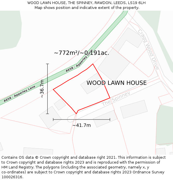 WOOD LAWN HOUSE, THE SPINNEY, RAWDON, LEEDS, LS19 6LH: Plot and title map