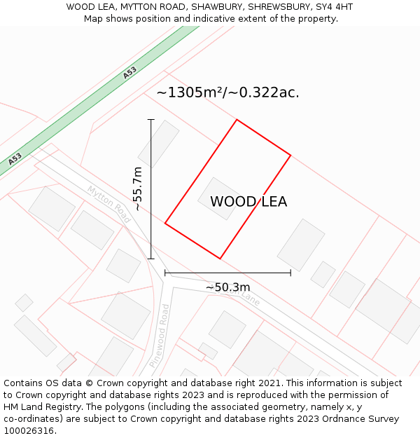 WOOD LEA, MYTTON ROAD, SHAWBURY, SHREWSBURY, SY4 4HT: Plot and title map