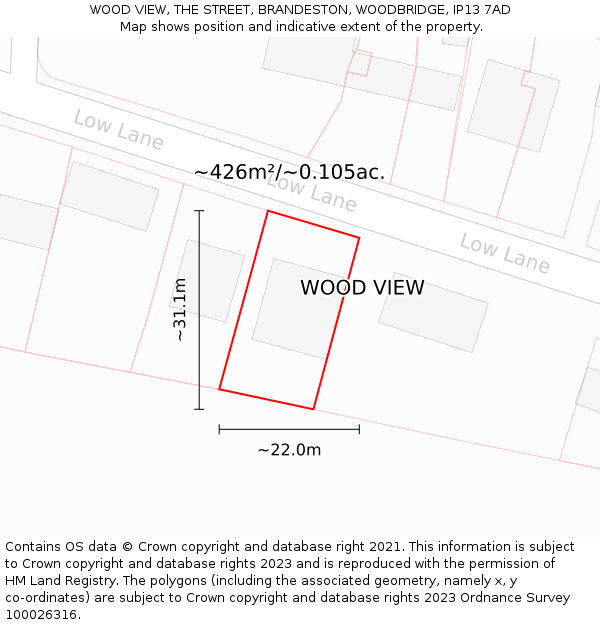 WOOD VIEW, THE STREET, BRANDESTON, WOODBRIDGE, IP13 7AD: Plot and title map