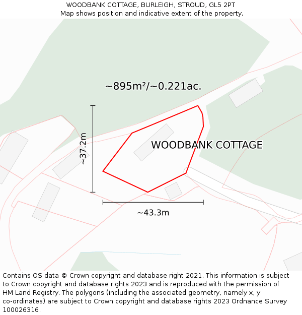 WOODBANK COTTAGE, BURLEIGH, STROUD, GL5 2PT: Plot and title map