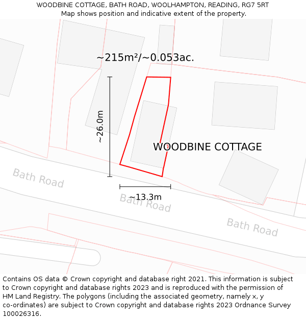 WOODBINE COTTAGE, BATH ROAD, WOOLHAMPTON, READING, RG7 5RT: Plot and title map