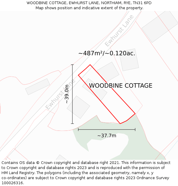 WOODBINE COTTAGE, EWHURST LANE, NORTHIAM, RYE, TN31 6PD: Plot and title map