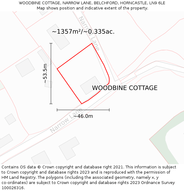 WOODBINE COTTAGE, NARROW LANE, BELCHFORD, HORNCASTLE, LN9 6LE: Plot and title map