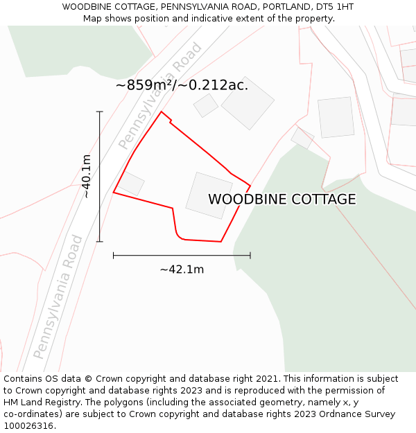 WOODBINE COTTAGE, PENNSYLVANIA ROAD, PORTLAND, DT5 1HT: Plot and title map