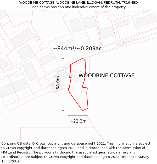 WOODBINE COTTAGE, WOODBINE LANE, ILLOGAN, REDRUTH, TR16 4ED: Plot and title map