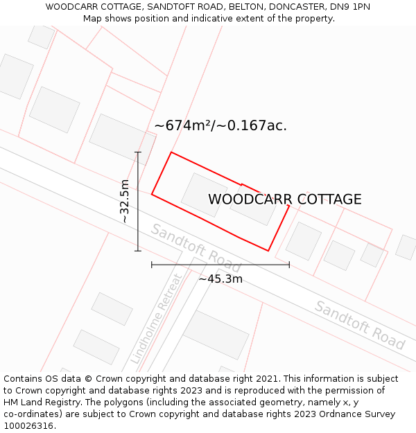WOODCARR COTTAGE, SANDTOFT ROAD, BELTON, DONCASTER, DN9 1PN: Plot and title map