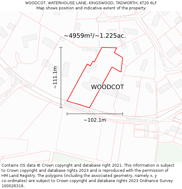 WOODCOT, WATERHOUSE LANE, KINGSWOOD, TADWORTH, KT20 6LF: Plot and title map
