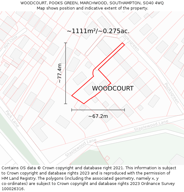 WOODCOURT, POOKS GREEN, MARCHWOOD, SOUTHAMPTON, SO40 4WQ: Plot and title map