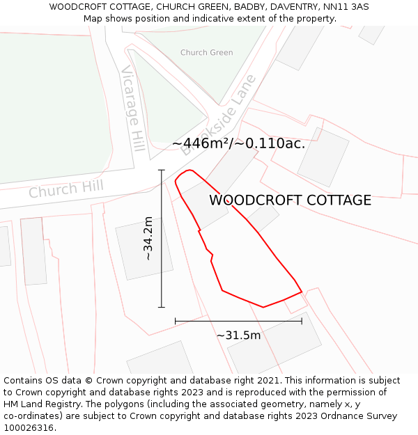 WOODCROFT COTTAGE, CHURCH GREEN, BADBY, DAVENTRY, NN11 3AS: Plot and title map