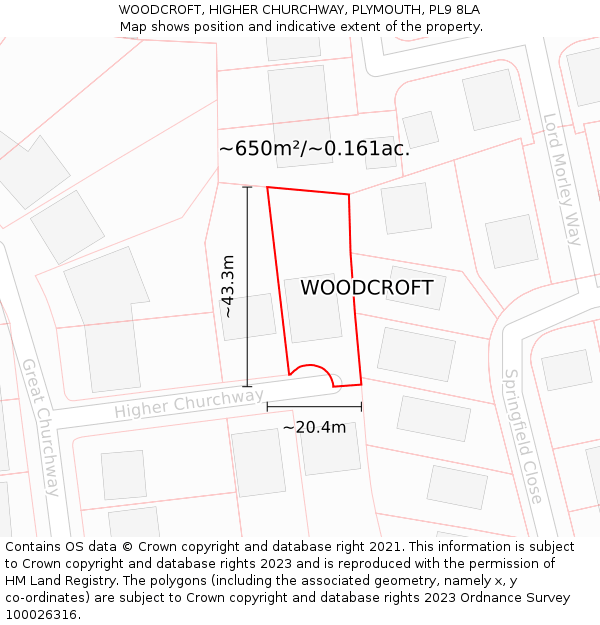 WOODCROFT, HIGHER CHURCHWAY, PLYMOUTH, PL9 8LA: Plot and title map