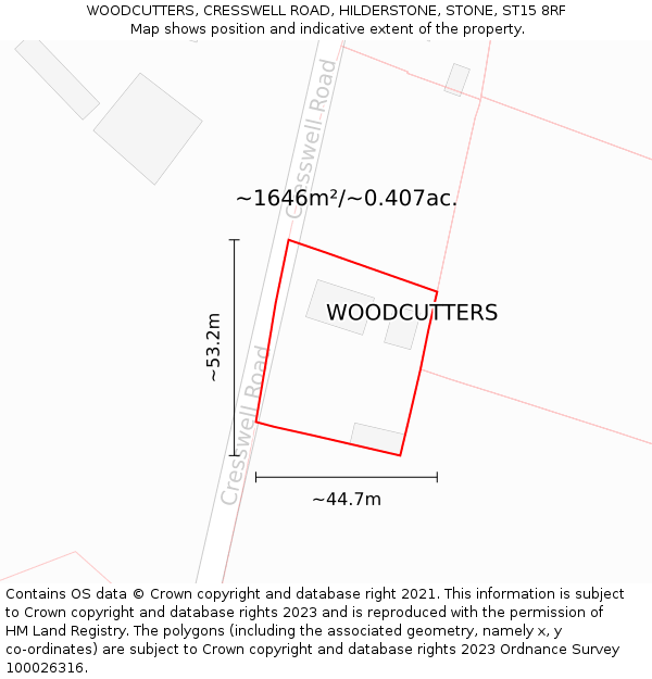 WOODCUTTERS, CRESSWELL ROAD, HILDERSTONE, STONE, ST15 8RF: Plot and title map