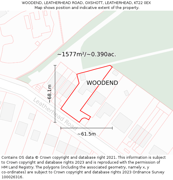 WOODEND, LEATHERHEAD ROAD, OXSHOTT, LEATHERHEAD, KT22 0EX: Plot and title map