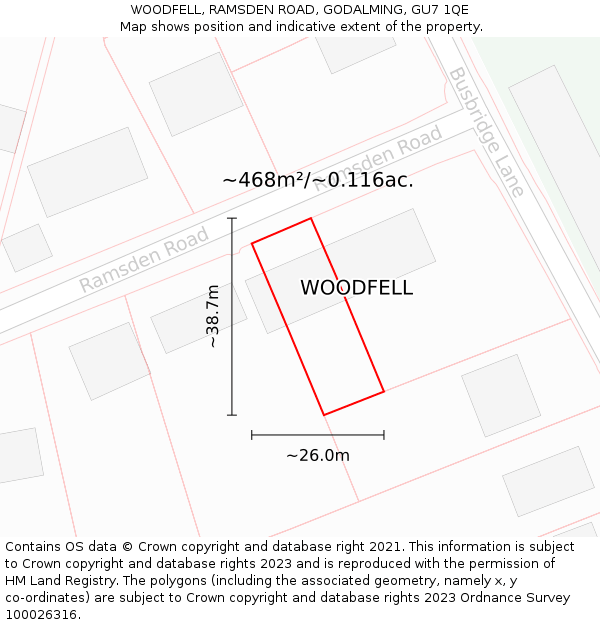 WOODFELL, RAMSDEN ROAD, GODALMING, GU7 1QE: Plot and title map