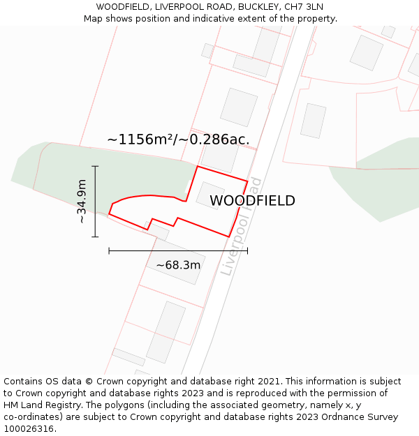 WOODFIELD, LIVERPOOL ROAD, BUCKLEY, CH7 3LN: Plot and title map