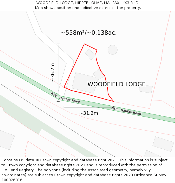 WOODFIELD LODGE, HIPPERHOLME, HALIFAX, HX3 8HD: Plot and title map