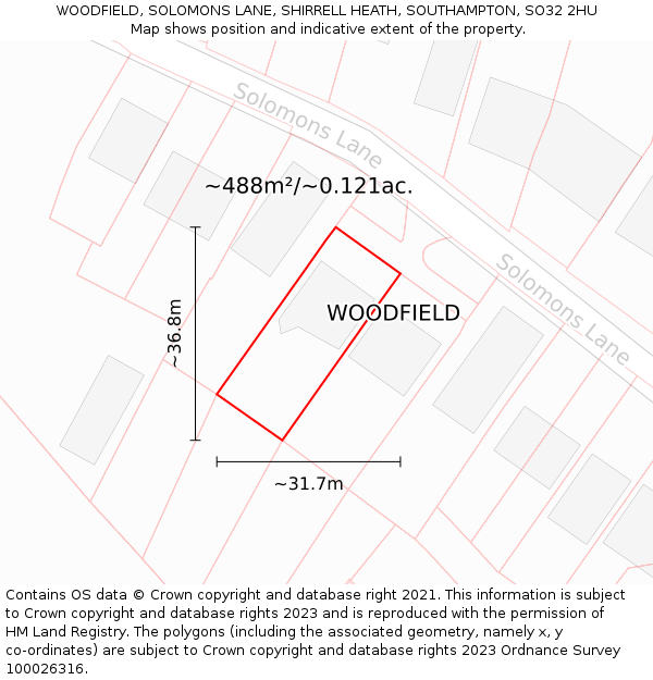 WOODFIELD, SOLOMONS LANE, SHIRRELL HEATH, SOUTHAMPTON, SO32 2HU: Plot and title map