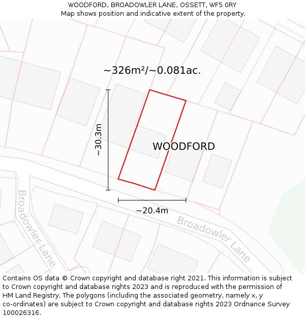 WOODFORD, BROADOWLER LANE, OSSETT, WF5 0RY: Plot and title map