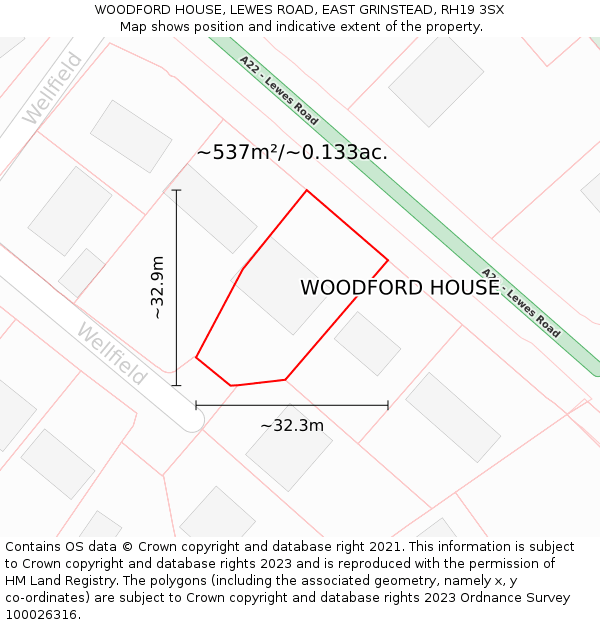 WOODFORD HOUSE, LEWES ROAD, EAST GRINSTEAD, RH19 3SX: Plot and title map